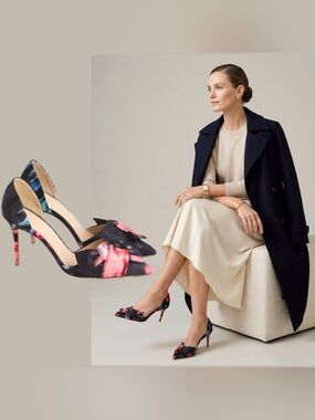 Jcrew Abstract Art Bow Pointy Toe Heel Pump Black Pink Formal Wedding Office 6.5